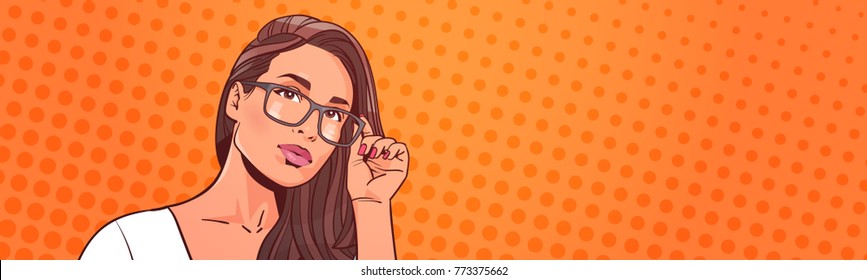 Portrait Of Beautiful Woman Wearing Glasses Over Retro Pop Art Background Attractive Female With Long Hair Horizontal Banner With Copy Space Vector Illustration