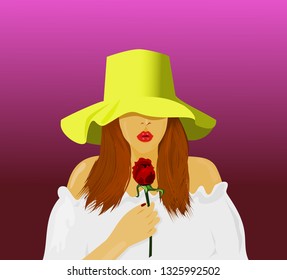 Portrait beautiful woman wearing a hat, wearing a white shirt In the hand holding a red rose The background is purple.