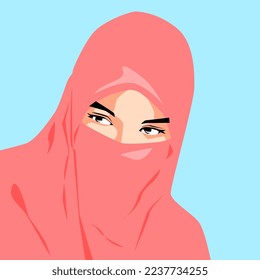 portrait of a beautiful woman wearing a hijab and a red veil. isolated light blue background. avatar or profile for social media. vector flat illustration