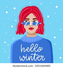 Portrait of beautiful woman for wintertime. Cool slogan text on blue sweater of Hello winter. Vector illustration design for fashion graphics, t shirt prints.