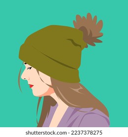 portrait of a beautiful woman's face side view. wear a beanie hat. avatar for social media. colored. for profile, template, print, sticker, poster, etc. vector flat illustration