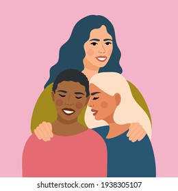 Portrait of beautiful women different nationalities and cultures. Happy International Women's or Mother's  Day. Women friendship concept, movement to empower women. Flat vector illustration.