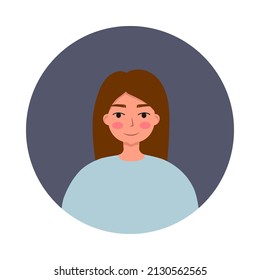 Portrait of beautiful women at round frame. Avatar of female character isolated on white background. Flat vector cartoon illustration.