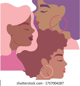 portrait of beautiful women, young multi ethnic women in profile vector illustration design