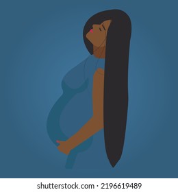 Portrait Of A Beautiful Young Black Pregnant Woman With Long Hair. Black Pregnant Woman vector. Young Pregnant woman Design. Minimalistic design, flat cartoon vector illustration