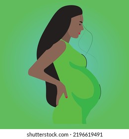 Portrait Of A Beautiful Young Black Pregnant Woman With Long Hair. Black Pregnant Woman vector. Young Pregnant woman Design. Minimalistic design, flat cartoon vector illustration