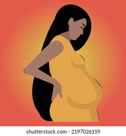 Portrait Of A Beautiful Young Black Pregnant Woman With Long Hair. Black Pregnant Woman vector. Young Pregnant woman Design. Minimalistic design, flat cartoon vector illustration