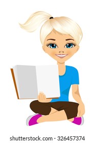 portrait of beautiful young blonde little girl sitting with crossed legs on the floor showing the viewer the open pages of her book
