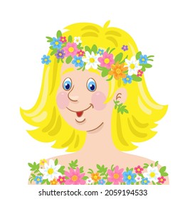 Portrait of a beautiful young girl with blond hair in a floral wreath. In  cartoon style. Isolated on white background. Vector flat illustration