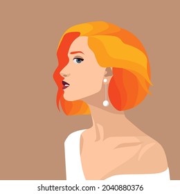 Portrait of a beautiful young girl with bright orange hair. Red-haired romantic woman in a white dress and with a pearl earring. Avatar for social media. Stock vector illustration in flat style.