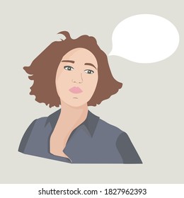 Portrait of a beautiful young girl with curly hair. A woman with a speech balloon. Vector flat illustration