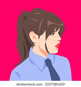 portrait of a beautiful young girl face side view. ponytail hairstyle. avatar for social media. colored. for profile, template, print, sticker, poster, etc. flat vector illustration