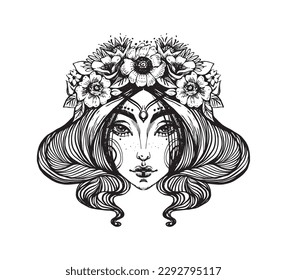 Portrait of a beautiful young girl with a flower wreath, linear icon, logo, vintage boho tattoo, virgo zodiac sign, woman face engraving, modern hand drawing. Vector illustration isolated on white