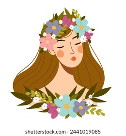 Portrait of a beautiful young girl in a flower wreath in flat style. Woman with spring flowers.