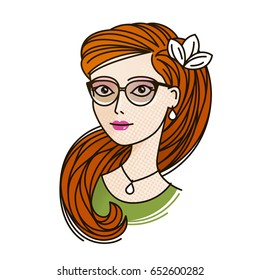 Portrait of beautiful young girl in glasses with long red hair. Cartoon vector illustration