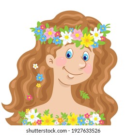 Portrait of a beautiful young girl with long hair in a floral wreath. In  cartoon style. Isolated on white background. Vector flat illustration