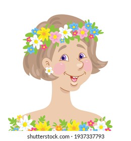 Portrait Of A Beautiful Young Girl With Short Hair In A Floral Wreath. In  Cartoon Style. Isolated On White Background. Vector Flat Illustration