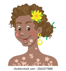 Portrait of a beautiful young happy African American girl with vitiligo. In cartoon style. Isolated on white background. Vector flat illustration