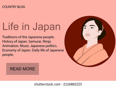 Portrait Of A Beautiful And Young Japanese Girl. Travel Blog Template. Vector Flat Illustration.