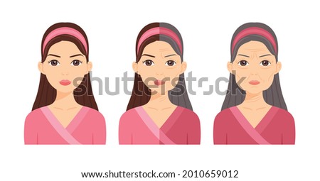 Portrait of a Beautiful Young Lady and Elderly woman. Brunette Brown and Gray Hair. Female Head and Aging Process on Half of the Face. Flat cartoon style. White background. Vector stock illustration.