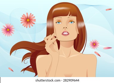 Portrait of beautiful young lady with long hair, looking up.