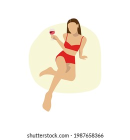 portrait of a beautiful young lady lying on a beach with glass of wine. illustration with tan girl in red bikini swimwear 