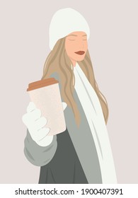 Portrait of a beautiful young lady wearing warm winter outfit, holding a paper cup of coffee, enjoying snowy weather. Flat illustration