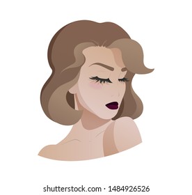 Portrait of beautiful young lady, who raises her shoulder to her chin and closed her eyes, quarter view. Vector illustration isolated on white