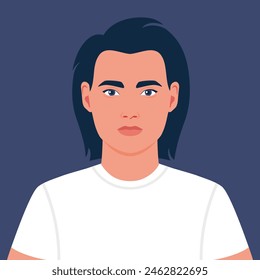 Portrait of a beautiful young man with long dark hair in T shirt. Avatar for social media. Vector illustration