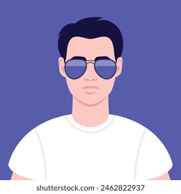 Retrato de un joven hermoso en gafas de sol y camiseta. Avatar de las redes sociales. Ilustración vectorial