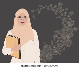 Portrait of Beautiful Young Muslim woman student on flowers background, Medium Close-up.