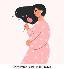 Portrait of beautiful young pregnant woman with flower. Concept of pregnancy and motherhood. Happy Mother's day. Modern maternity. Design for card, poster, web or print. Flat vector illustration.