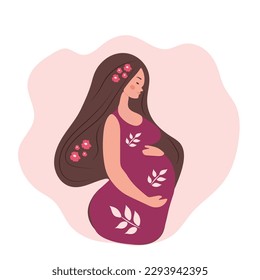 Portrait of beautiful young pregnant woman. Concept of pregnancy and motherhood. Flat vector illustration.