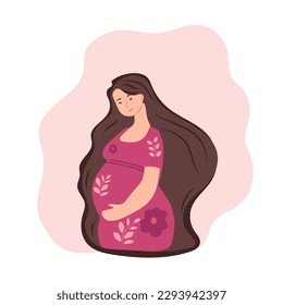 Portrait of beautiful young pregnant woman. Concept of pregnancy and motherhood. Flat vector illustration.