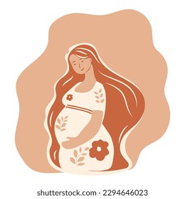 Portrait of beautiful young pregnant woman. Concept of pregnancy and motherhood. Flat vector illustration.	
