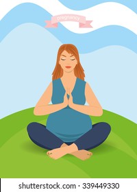 portrait of a beautiful young pregnant woman sitting in yoga pose outdoors. happy pregnant woman, vector illustration
