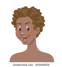 Portrait of a beautiful young smiling African American girl with short hair. In cartoon style. Isolated on white background. Vector flat illustration