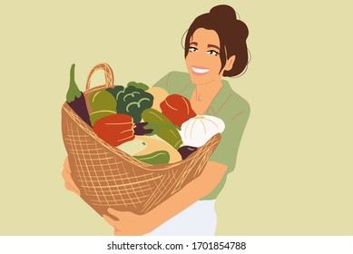 Portrait of a beautiful young woman with basket full of freshly picked up vegetables. Colorful vector illustration in flat cartoon style