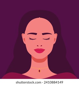 Retrato de una bella joven con los ojos cerrados. Avatar de una chica con collar. Ilustración del vector