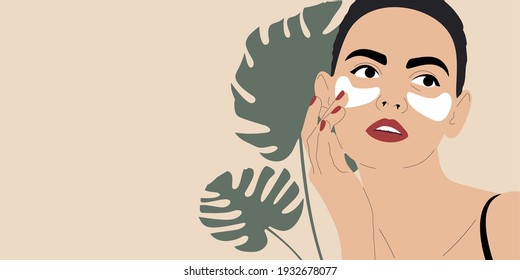 Portrait of beautiful young woman with cosmetic patches under the eyes. Girl uses patches. Skin care concept vector illustration.