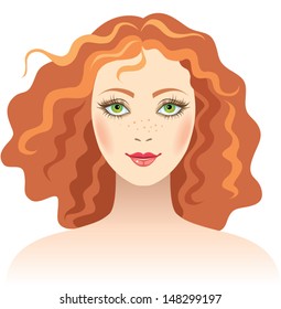 Portrait of beautiful young woman with curly red hair and green eyes. Vector illustration.