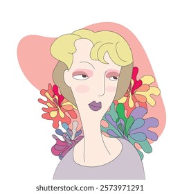 Portrait of a beautiful young woman with flowers. Vector illustration.