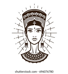 Portrait of beautiful young woman, girl in ethnic outfit. Egypt, Africa logo or label. Vintage vector illustration