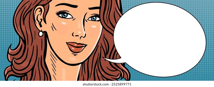 Portrait of a beautiful young woman with hairstyle. Face closeup. Beauty and fashion. The girl is talking. Bubble for text. Comic style. Vector art illustration banner. Hand drawn outline