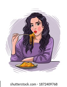 Portrait of a beautiful young woman hand drawing. The girl is eating pasta. Sketch. Vector illustration