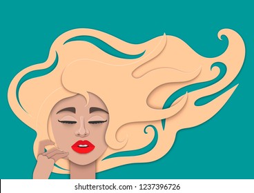 Portrait of a beautiful young woman with long hair. Vector illustration of paper cut style. Girl's face with closed eyes and plump lips.