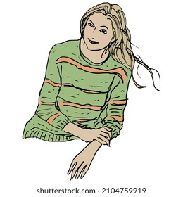 Portrait of a beautiful young woman with long blonde hair in a stripped sweater. Hand drawn colorful rough sketch. Isolated vector illustration.