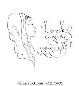 Portrait Of A Beautiful Young Woman. Look Inside Yourself - Handwritten Inscription. Vector