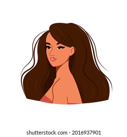 Portrait of a beautiful young woman with lush hair. Vector character in flat style.