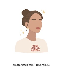 Portrait of a beautiful young woman in a minimal style. White T-shirt with print. Handwritten lettering "girl gang". Vector illustration. Sticker design, banner. Feminist Art, Women's Rights.